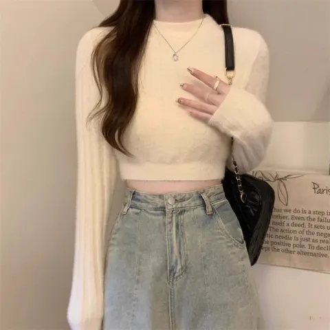 Soft velvet short autumn and winter new style slim-fitting bottoming shirt high waist crop top