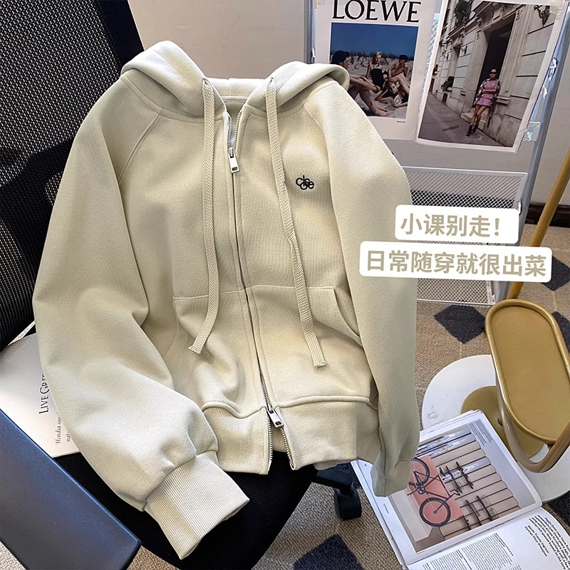 小c家純色雙拉鏈連帽衛衣女2023年秋冬加絨寬鬆慵懶風外套上衣ins