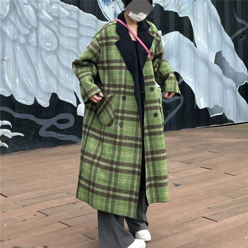 黃亮Lovey正反兩穿外套小眾復古顯白咖綠長款粗格子大衣送腰帶
