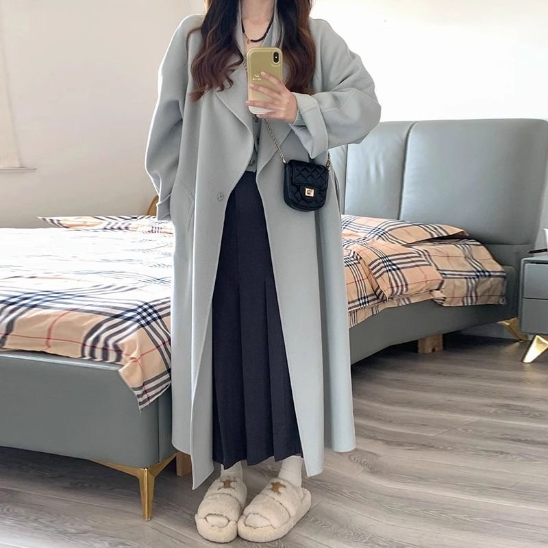淺藍毛呢女秋冬2023新款呢子大衣中長款溫柔學院風小個子毛呢外套
