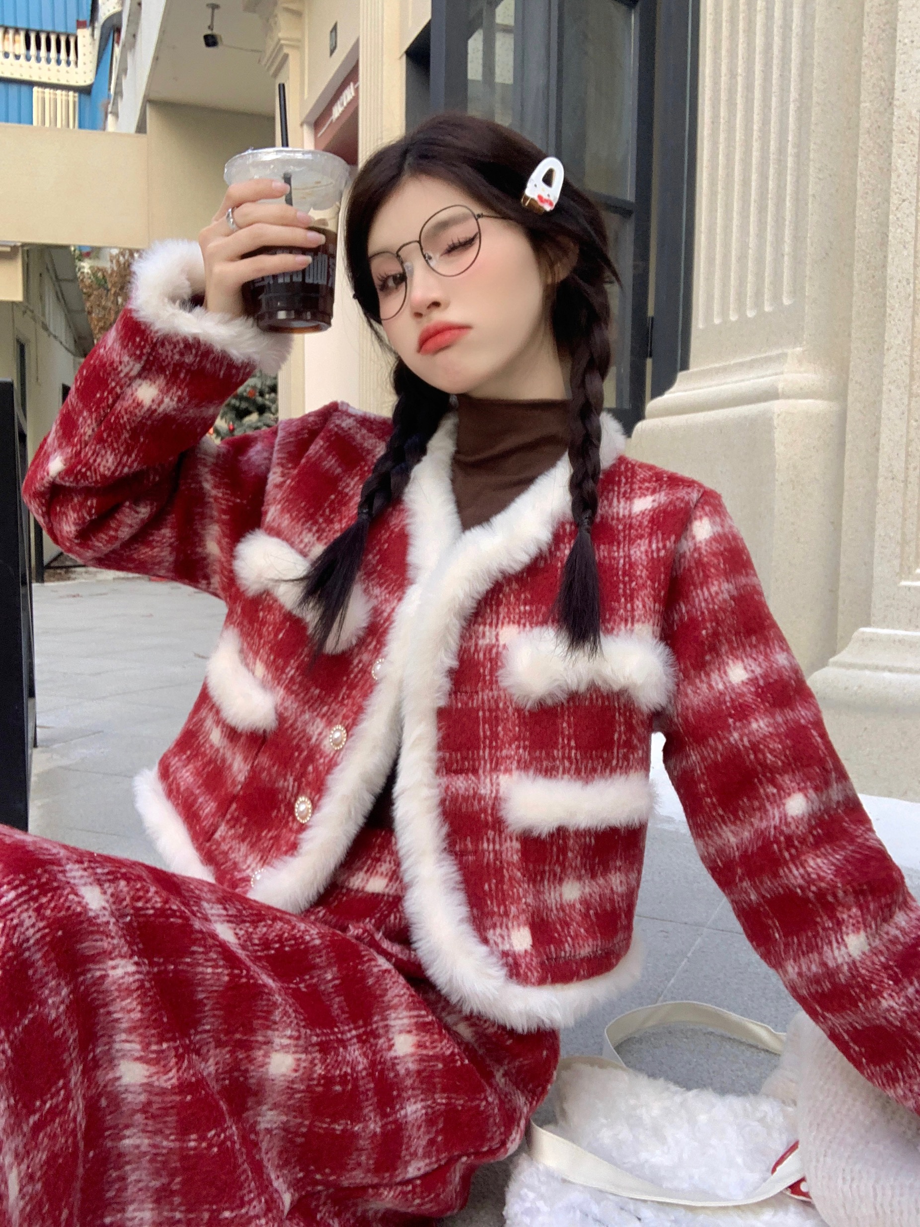 實拍 聖誕節過年套裝女秋冬加厚小香風格子外套＋半身裙短裙