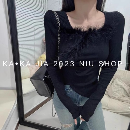  new autumn and winter sweet temperament long-sleeved women's furry stitching versatile long-sleeved sweater tops for women