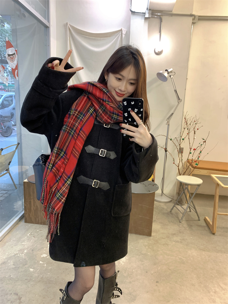 實拍 黑色大衣女冬季新款高級感呢子夾棉赫本風毛呢外套