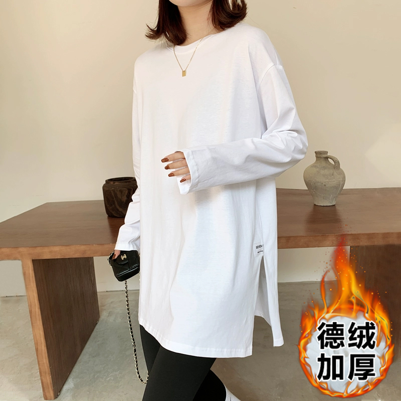 實拍中長款德絨打底衫女秋冬加厚長袖t恤側開叉寬鬆疊穿上衣