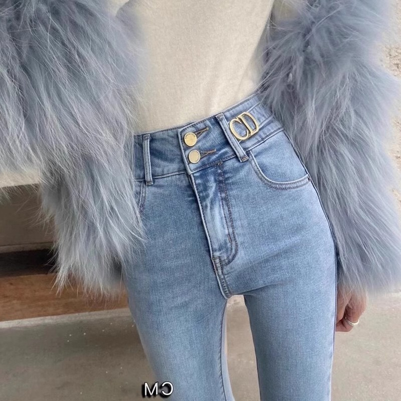 CD Letter High Waist Velvet Jeans Women's 2023 Autumn and Winter Hip Lifting Slimming Pencil Foot Pants Stretch Thickened Boot Pants