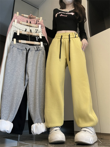 Real shot of thickened velvet loose casual sports sweatpants for women winter straight leg harem trousers