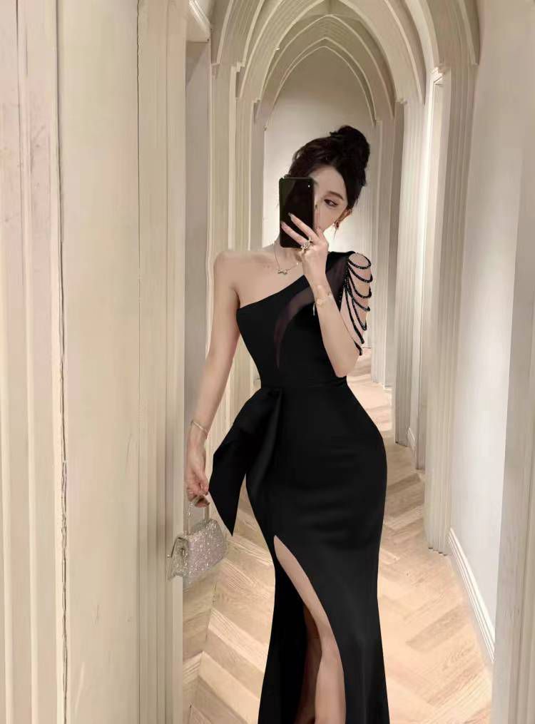 Actual shot of 2023 new one-shoulder heavy-duty evening dress dress