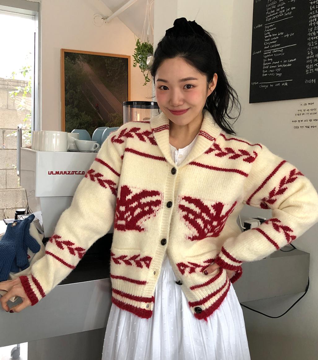 韓國ins冬日慵懶風氣質撞色圖案加厚長袖毛針織開衫女毛衣外套