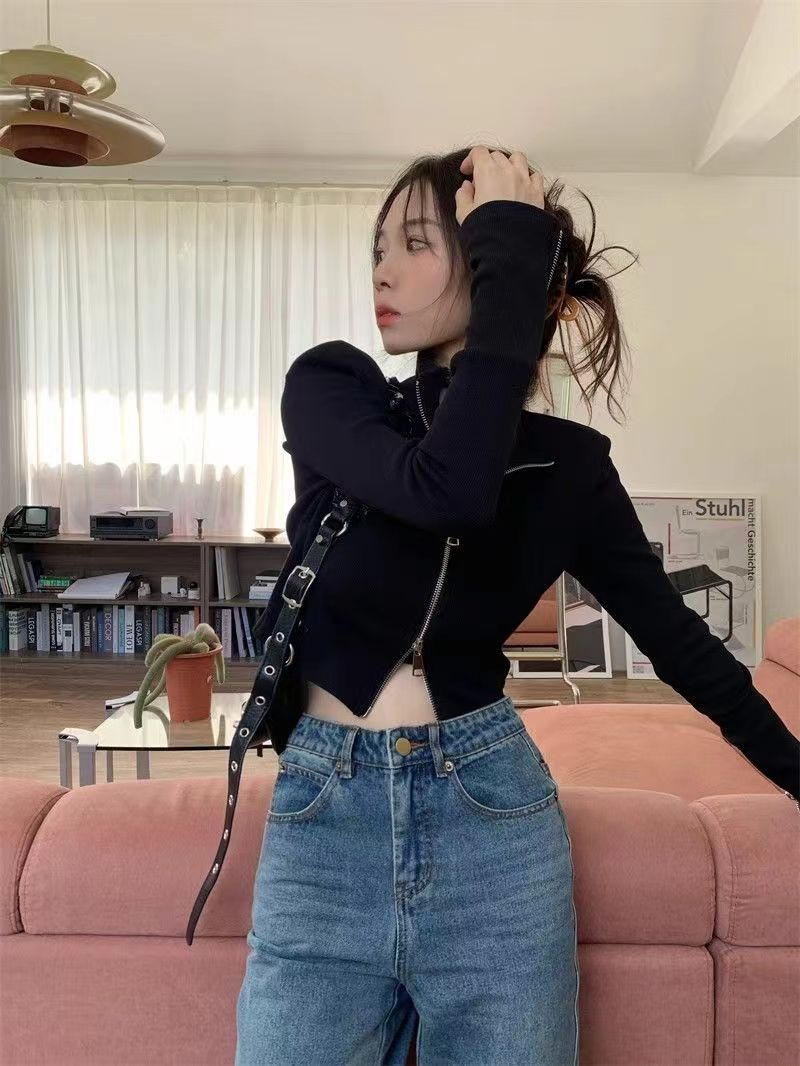 美式辣妹黑色長袖短款女2023新款洋氣雙頭拉鏈修身上衣潮