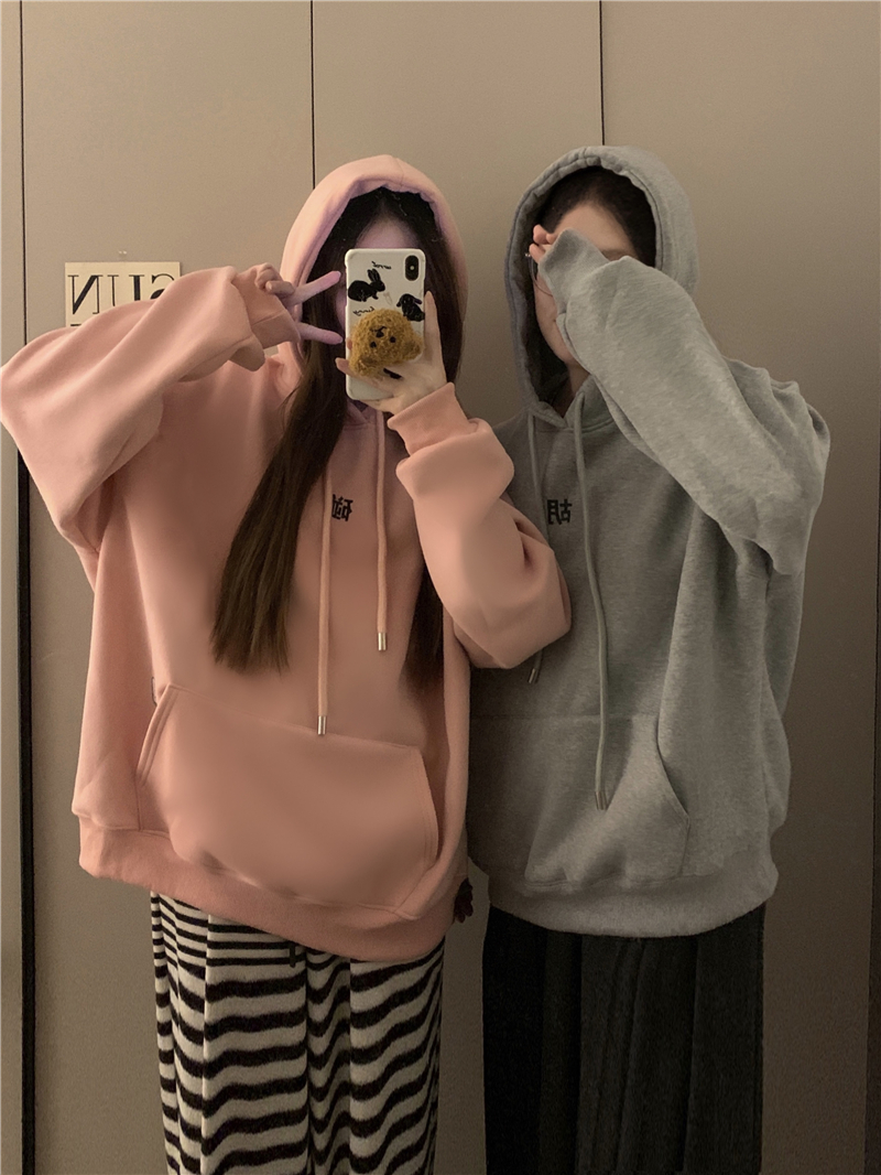 實拍~閨蜜男女同款加絨加厚趣味麻將印花寬鬆連帽衛衣
