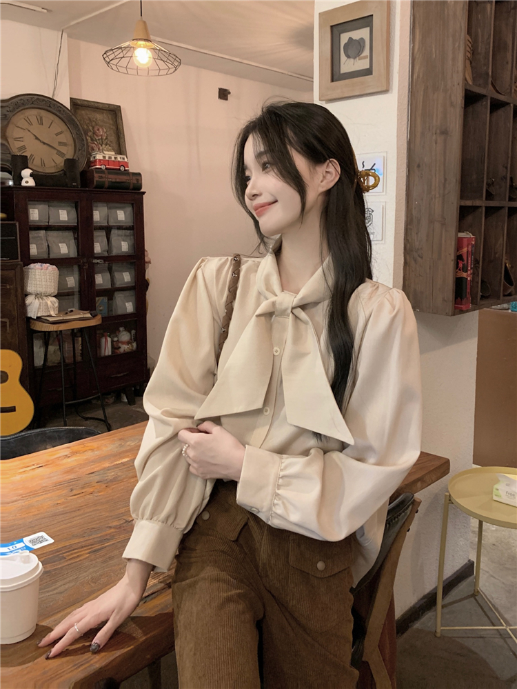 實拍！秋冬內搭襯衫女法式復古甜美溫柔風蝴蝶結百搭襯衣上衣