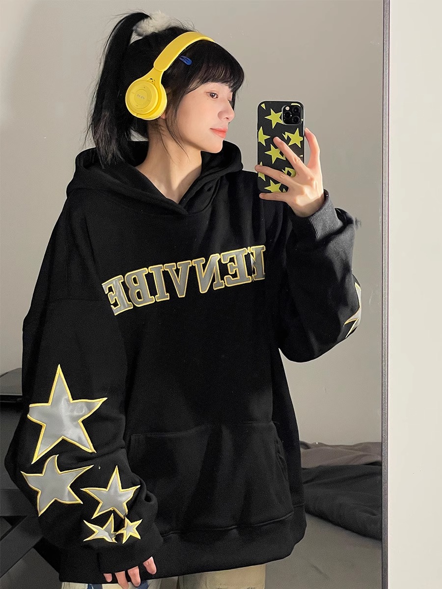 Pure cotton surface Chinese cotton composite silver fox velvet + back collar original foam printed autumn and winter loose hooded sweatshirt