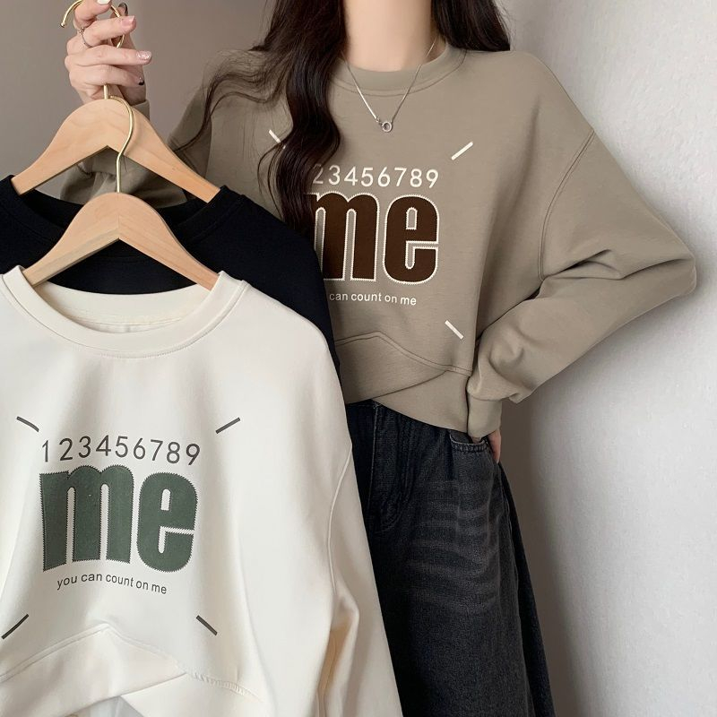 70 cotton letter printed round neck pullover sweatshirt for women autumn short cross irregular long sleeves