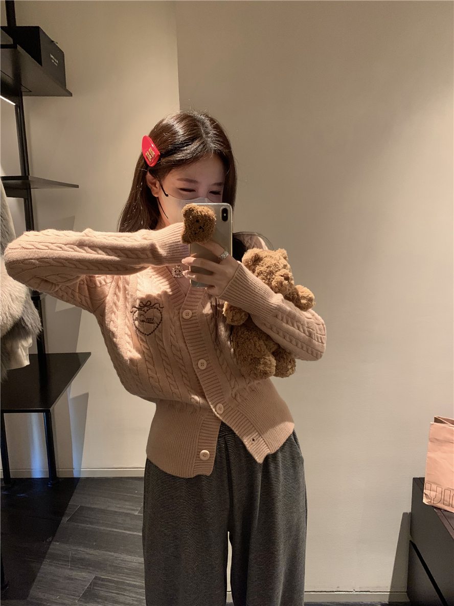 Real shot embroidery college style twist knitted cardigan autumn and winter design sweater jacket