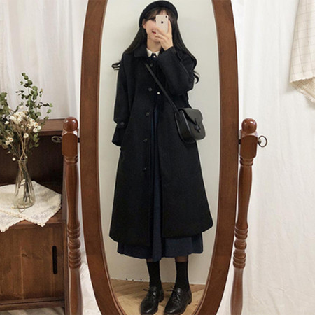 韓系毛呢外套女冬季加厚中長款2023新款赫本風黑色呢子大衣小個子