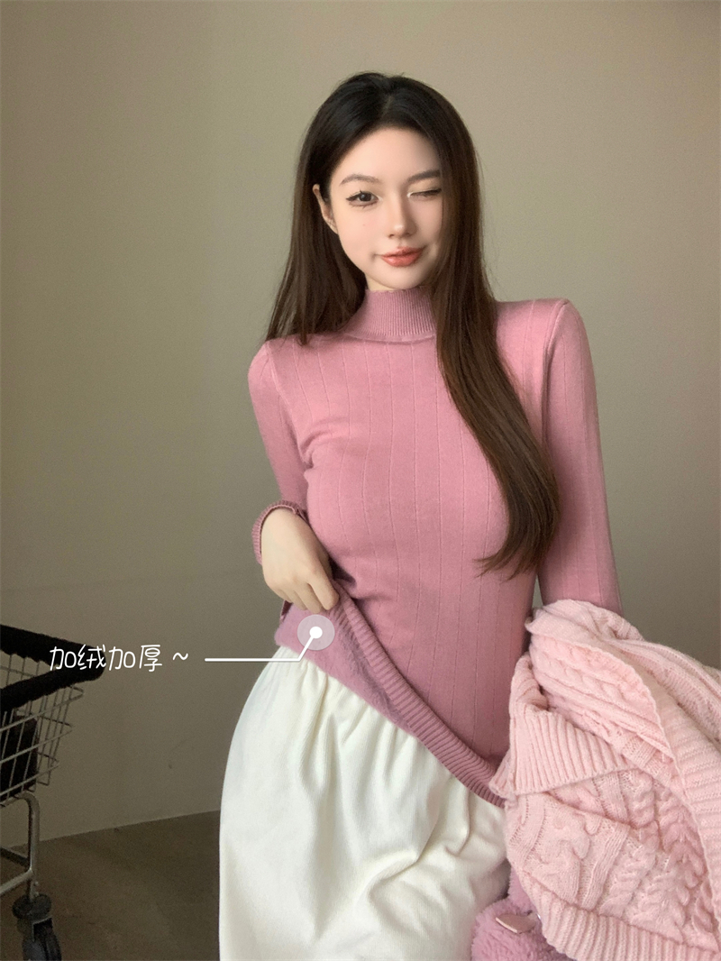 實拍  加絨加厚打底毛衣女一體水貂絨半高領內搭針織衫