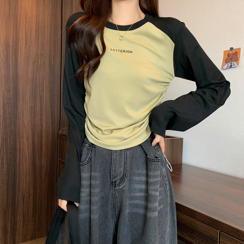 Real shot~Large size women's new autumn simple contrasting color drawstring design long-sleeved casual round neck T-shirt top