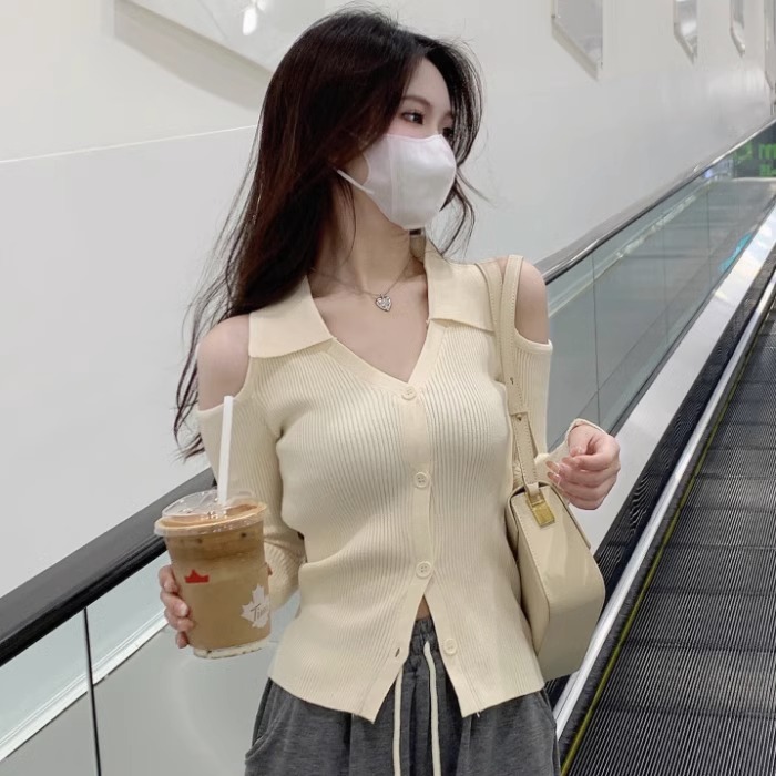 純欲風設計感上衣外套辣妹修身露肩長袖針織衫奶系穿搭早秋毛衣女