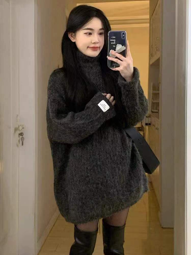 2023春秋新款高領毛衣女秋冬季韓系慵懶風加厚針織衫上衣