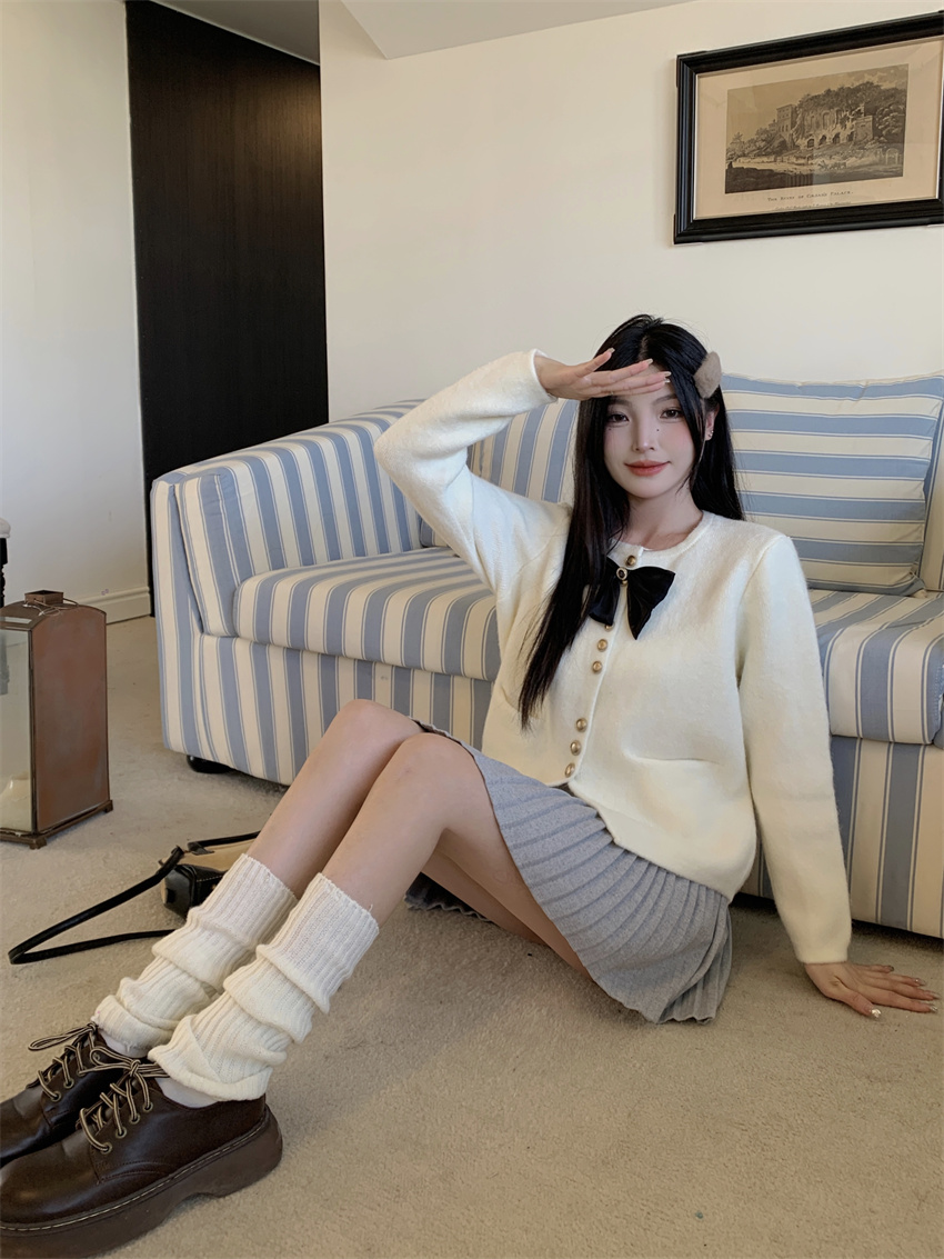 實拍 聖誕小香風蝴蝶結毛衣針織衫+呢料高腰百褶裙時尚兩件套