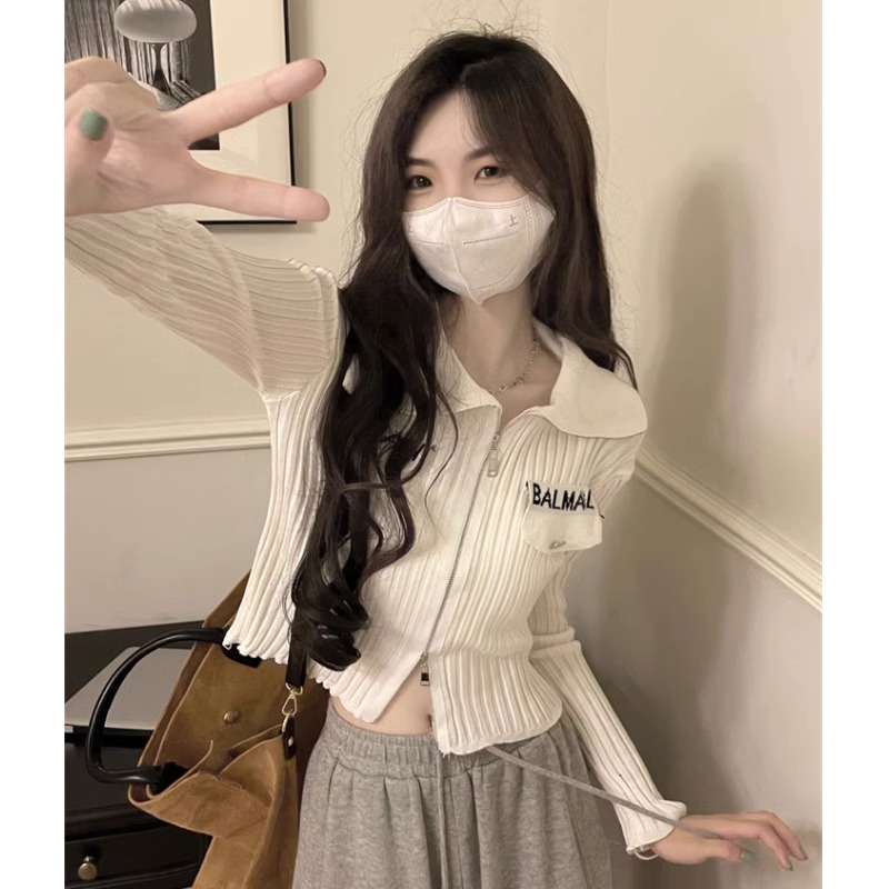 雙拉鏈翻領長袖針織開衫女春秋款辣妹修身顯瘦短款內搭打底衫上衣