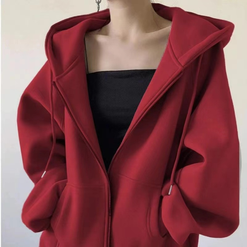 Burgundy Women's Sweater Jacket 2023 Spring and Autumn New Loose Casual Top Cardigan Zipper Women's Clothing