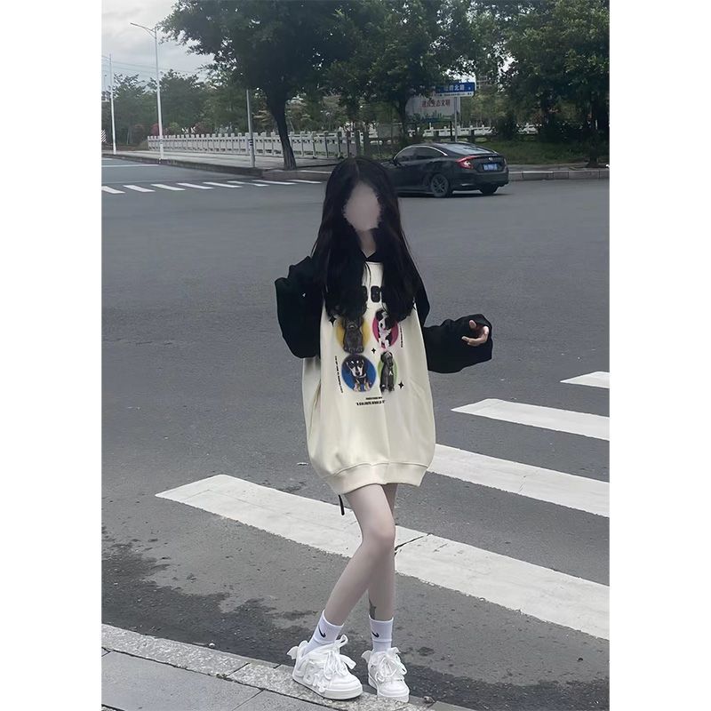 Plush velvet autumn and winter Korean style pullover sweatshirt for women with cartoon print casual loose large size top