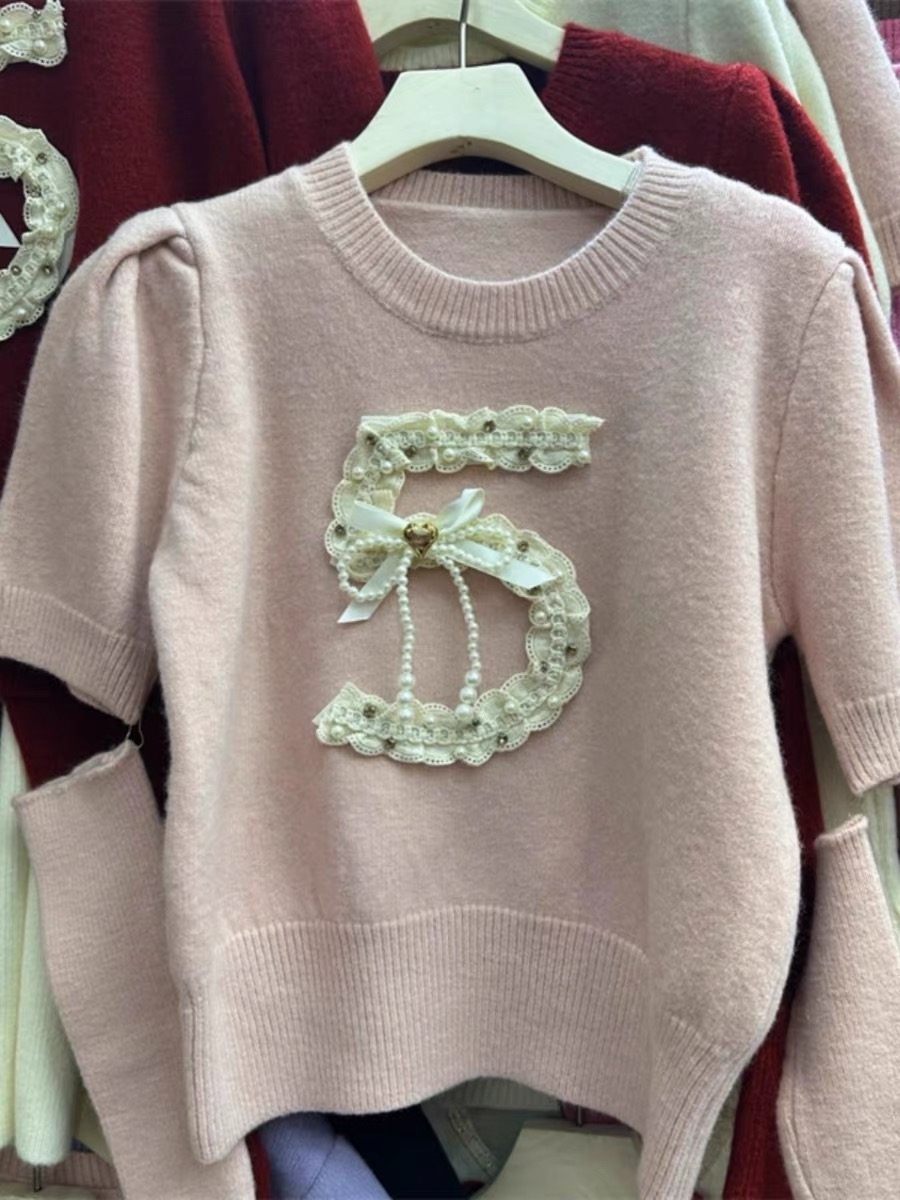 Autumn and winter new French style solid color short lace letter sweater pullover two-wear slim sweater for women