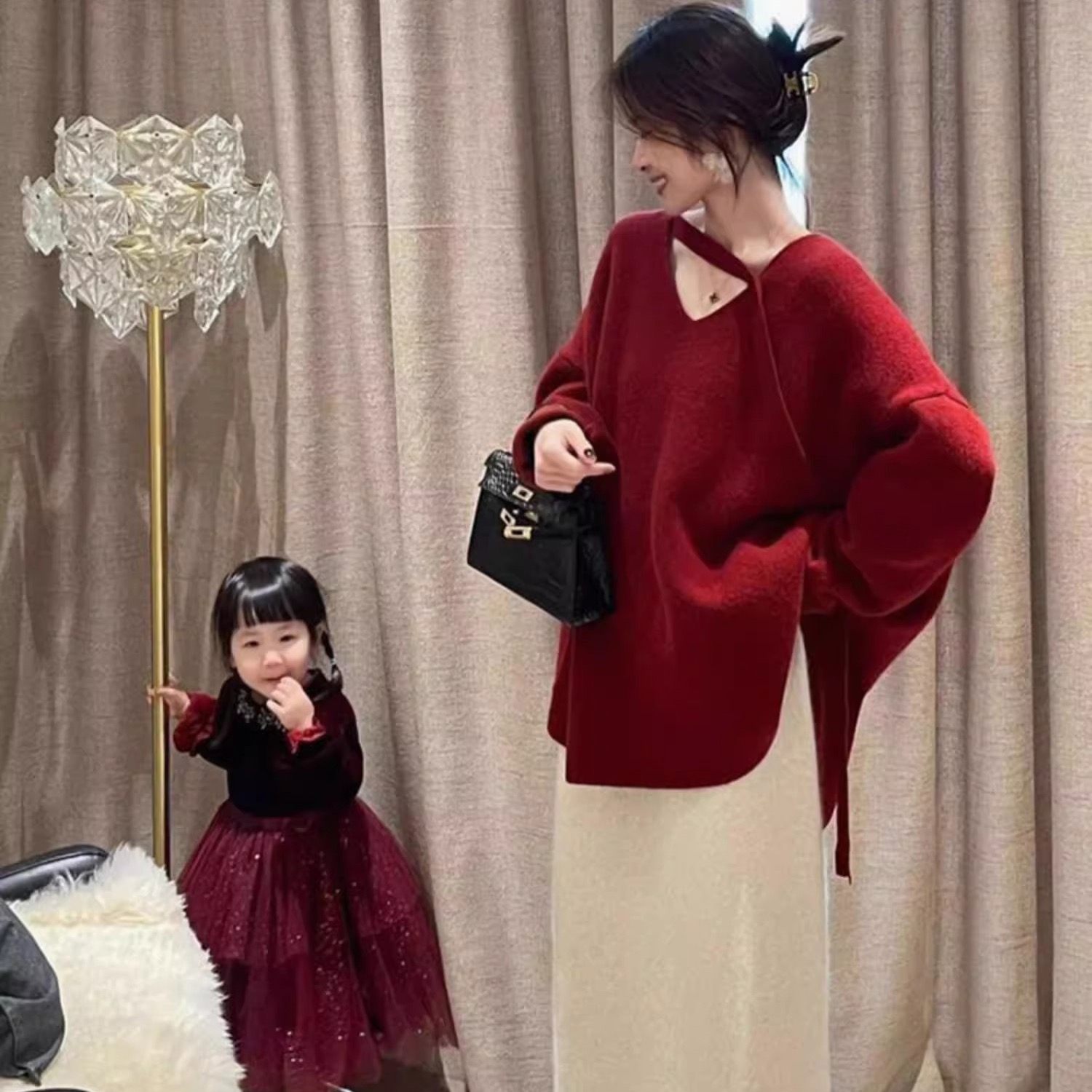 過年穿搭配一整套女2023小個子小香風毛衣深冬聖誕紅色