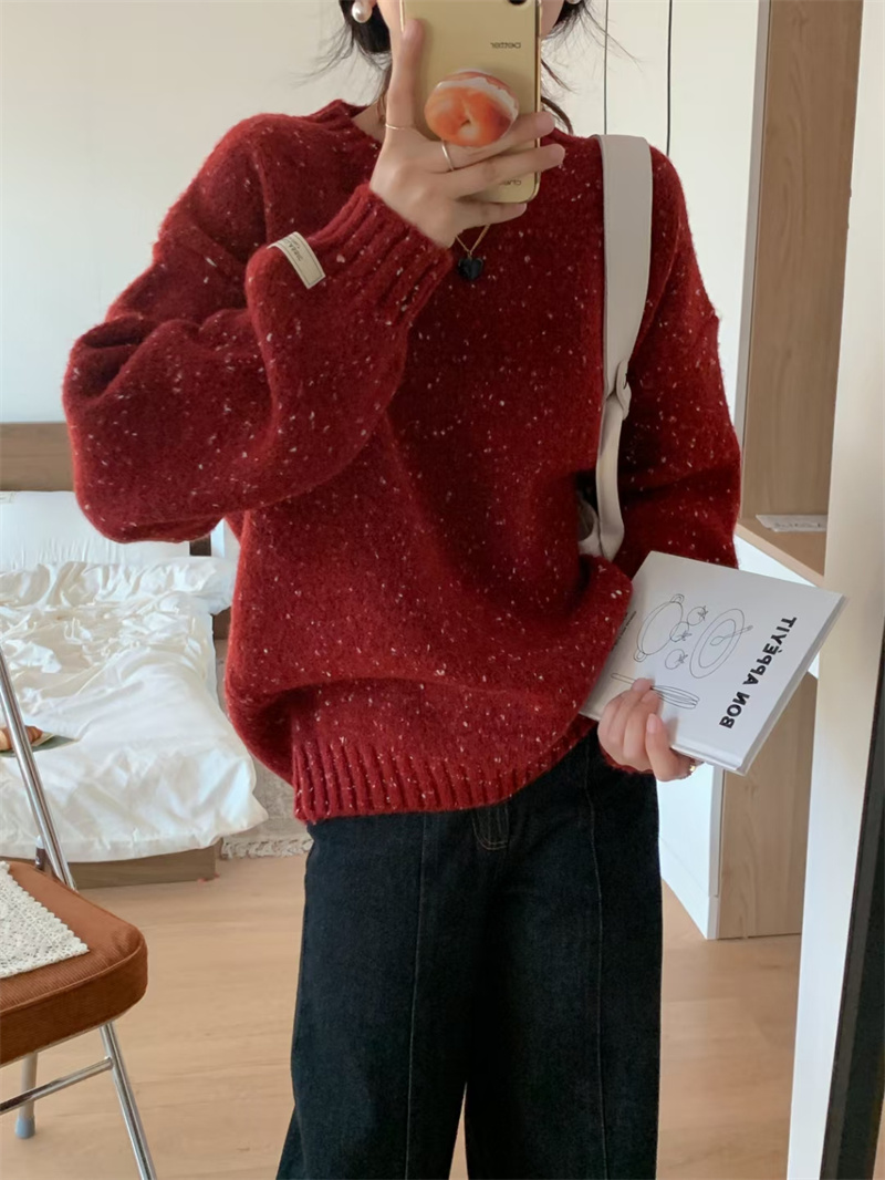 氛圍感紅色彩紗點點毛衣女秋冬軟糯長袖圓領針織衫新年聖誕上衣潮
