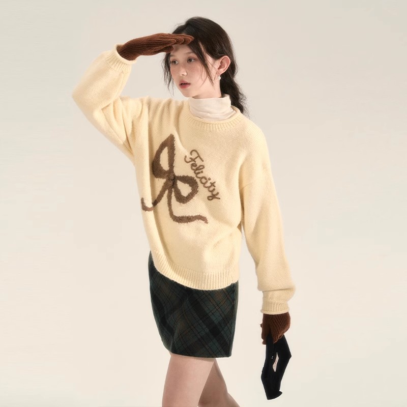 chummy 原創甜美加厚蝴蝶結套頭上衣軟糯慵懶風圓領長駝毛衣秋冬
