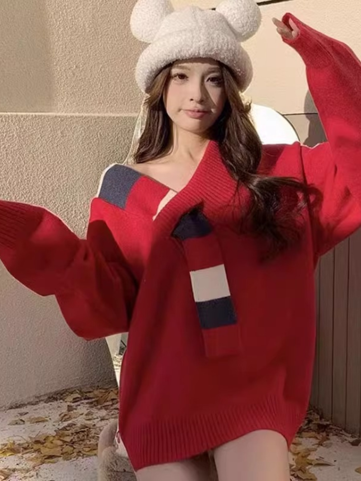 新年紅圍巾領毛衣女2023秋冬中長款慵懶風針織衫軟糯V領套頭上衣