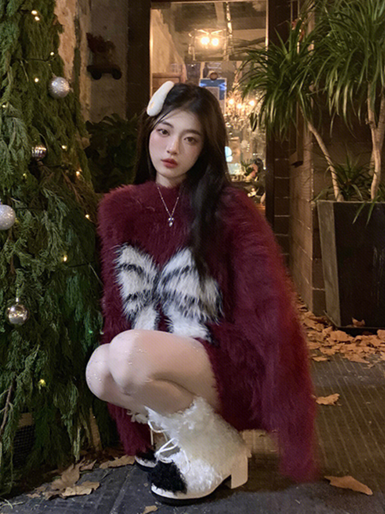 純欲風性感復古印花套頭毛衣女秋冬新款設計感寬鬆長袖針織上衣潮