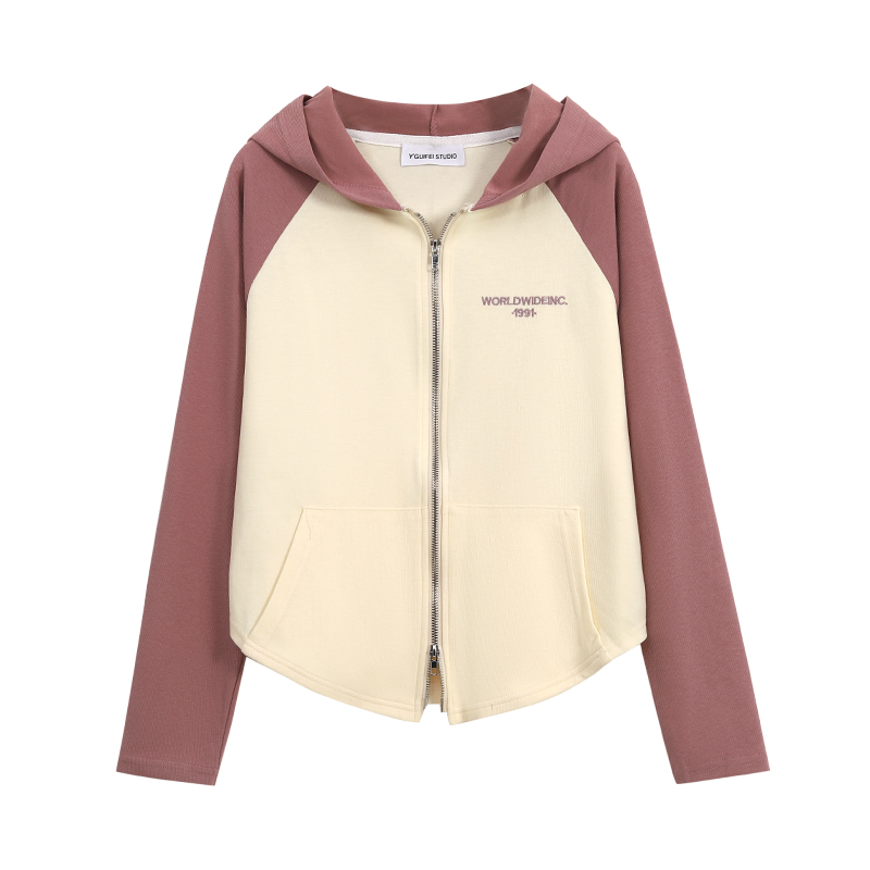 Large size raglan sweatshirt autumn hooded double zipper new American retro jacket design women's long-sleeved top