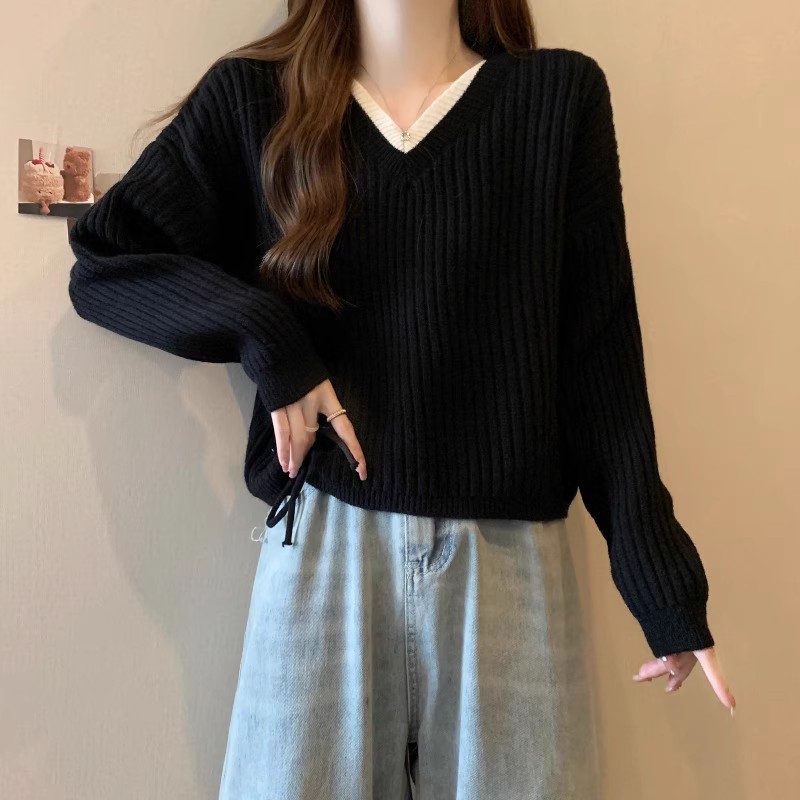 大碼針織衫女2023新款秋季時尚百搭顯瘦V領長袖假兩件抽繩毛衣潮