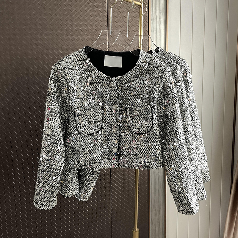 Quality inspector picture 2023 new Korean style ladylike temperament versatile round neck short heavy industry sequined small fragrance style jacket for women