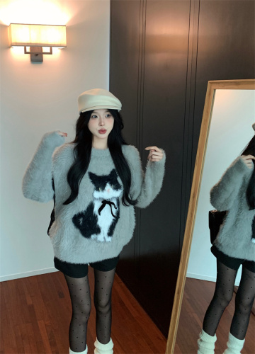 Real shot of imitation mink bow sweet style sweater for women in autumn and winter lazy style pullover knitted top