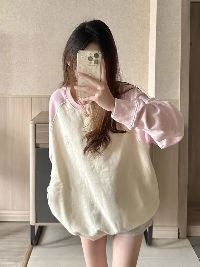 American style lazy chic raglan sleeve sweatshirt for women spring and autumn style petite loose round neck hooded top