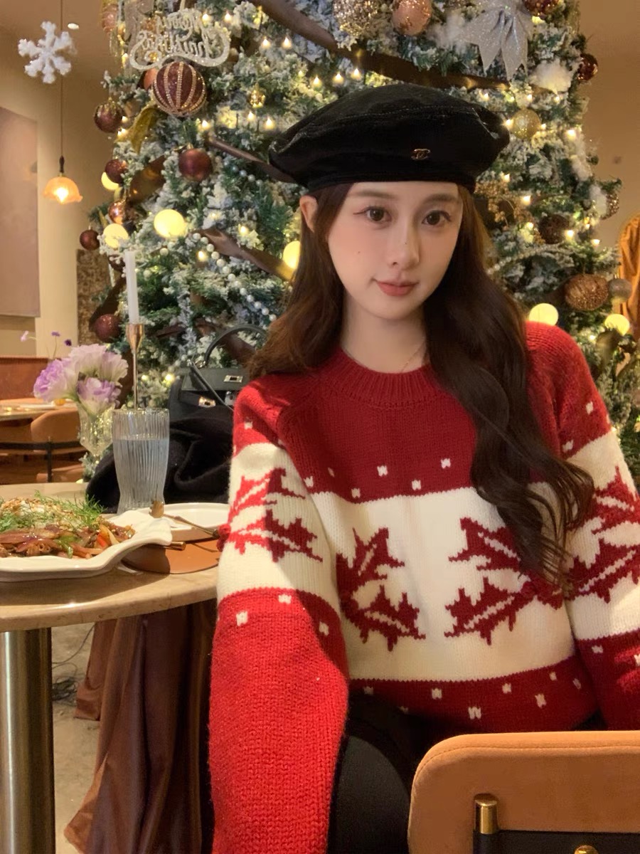 Summer home lazy style soft and waxy loose red Christmas atmosphere pullover sweater for women autumn and winter long-sleeved sweater