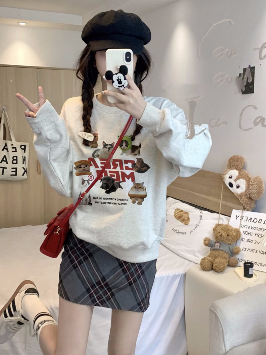 美式復古卡通字母加絨衛衣女秋冬時髦洋氣寬鬆學生小個子套頭上衣
