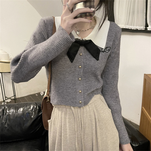 Real shot of bow-knot gray sweater jacket for women with design sense long-sleeved knitted cardigan niche short top