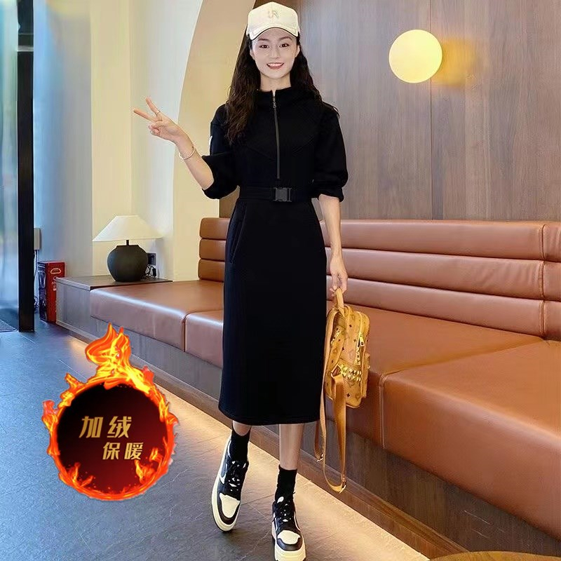 Composite velvet/good quality velvet dress women's 2023 winter new style zipper hooded dress trendy