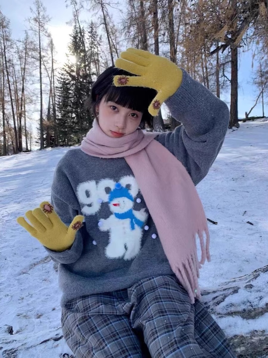日系復古可愛卡通雪人毛衣女寬鬆加厚高級設計感圓領秋冬軟糯上衣