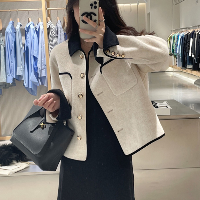 小香風毛呢大衣女短款娃娃領撞色小個子名媛時尚氣質雙面呢外套潮