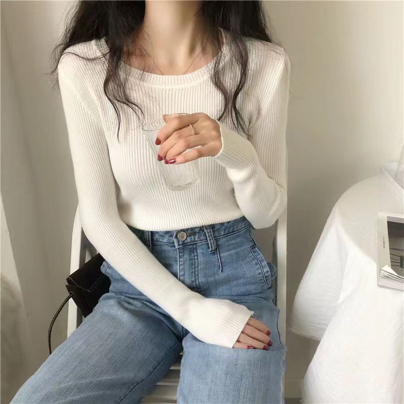 秋冬基礎色圓領修身打底針織衫女溫柔個性修身親膚內搭氣質毛衣