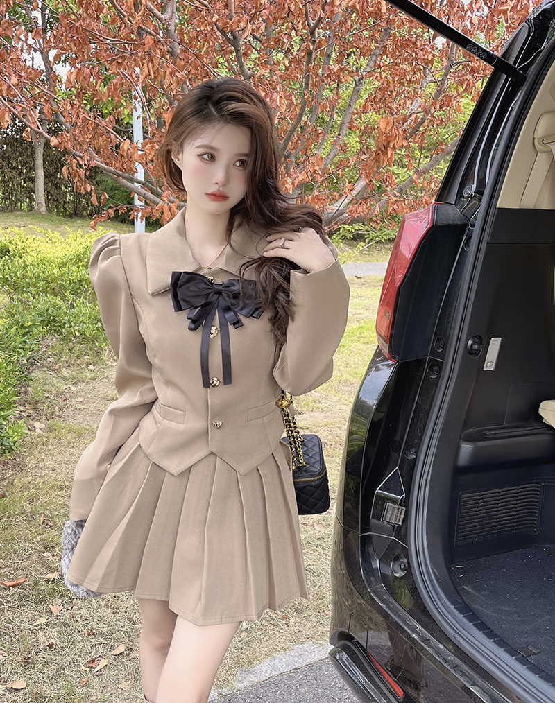 實拍 新款西裝外套百褶裙制服套裝裙女 配蝴蝶結