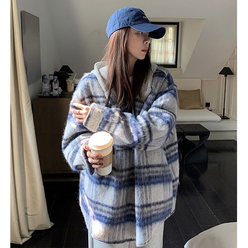 LIL CHER格紋連帽夾棉外套女2023秋冬新款韓版寬鬆休閒慵懶風上衣