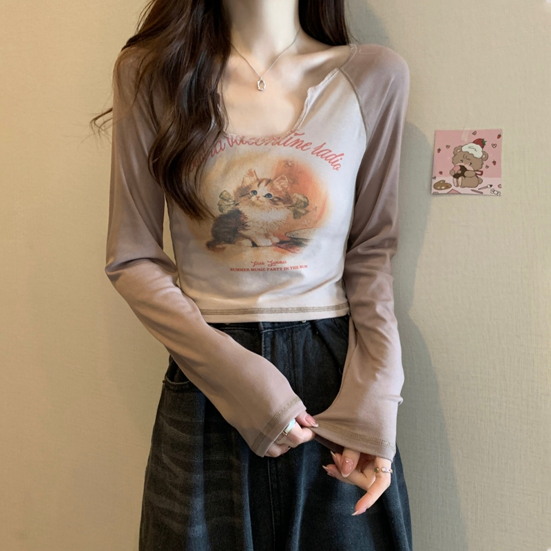 Official picture 6535 stretch cotton pure lust hot girl design printed long-sleeved T-shirt for women with tight inner fit in autumn