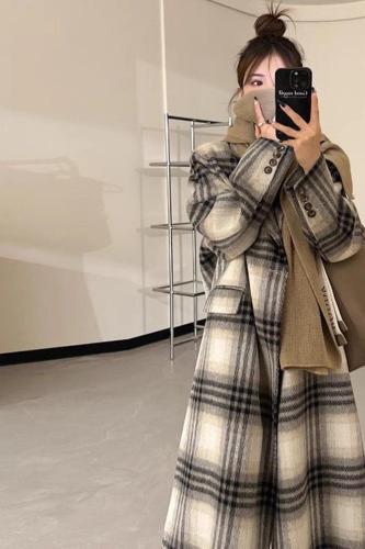  Autumn and Winter New High-end Korean Tartan Coat Women's Extra Long Loose Casual Jacket