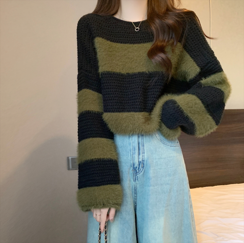 加厚短款條紋馬海毛毛衣女秋冬復古寬鬆外穿慵懶風套頭圓領針織衫